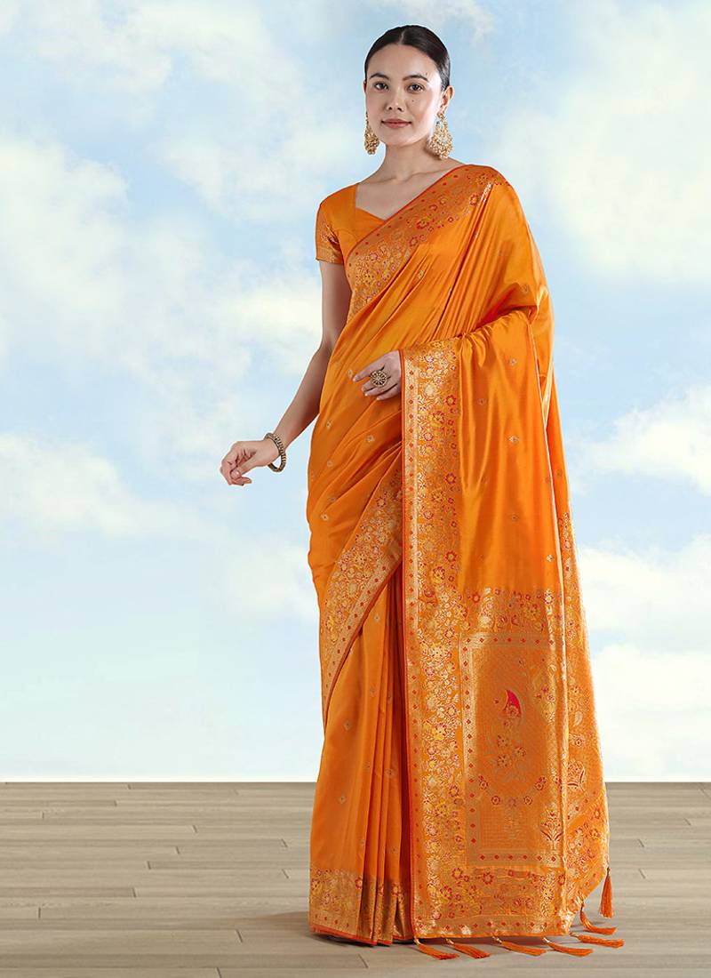 Orange faux banarasi satin silk saree with zari border and butti work