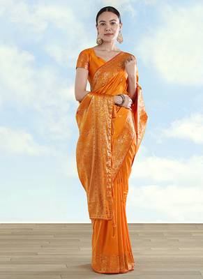 Orange faux banarasi satin silk blend saree with zari border and butti work 3