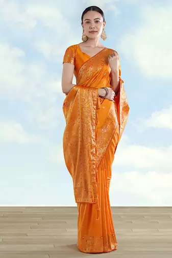 Orange faux banarasi satin silk blend saree with zari border and butti work