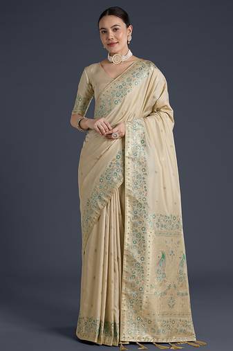 Cream faux banarasi satin silk saree with zari border and butti work