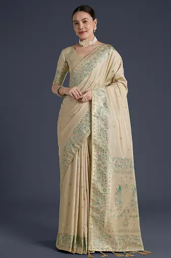 Cream faux banarasi satin silk saree with zari border and butti work