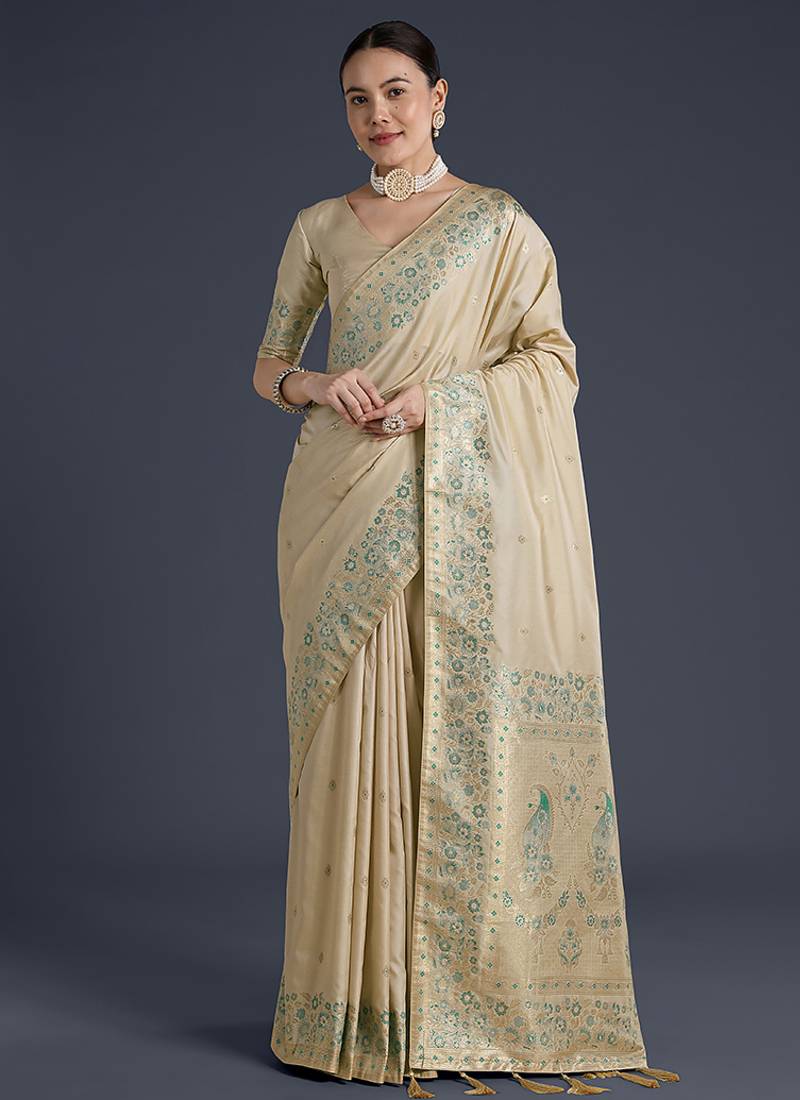 Cream faux banarasi satin silk saree with zari border and butti work