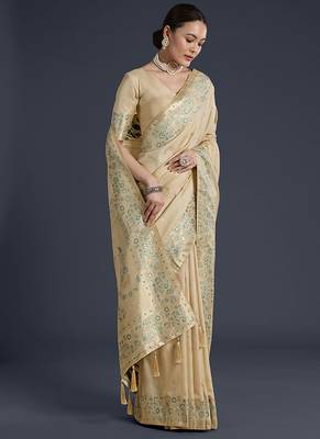 Cream faux banarasi satin silk blend saree with zari border and butti work 2