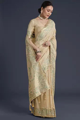 Cream faux banarasi satin silk blend saree with zari border and butti work