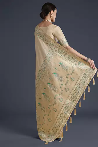 Cream faux banarasi satin silk blend saree with zari border and butti work