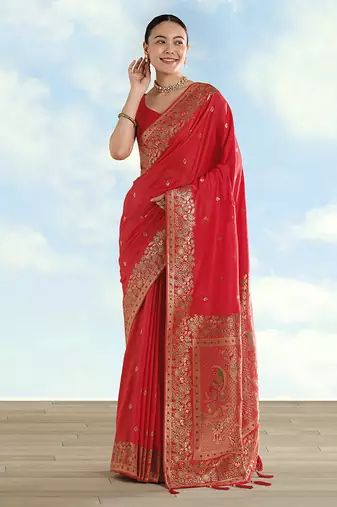 Red faux banarasi satin silk saree with zari border and butti work