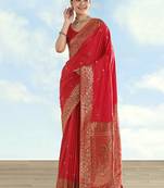 Red faux banarasi satin silk saree with zari border and butti work