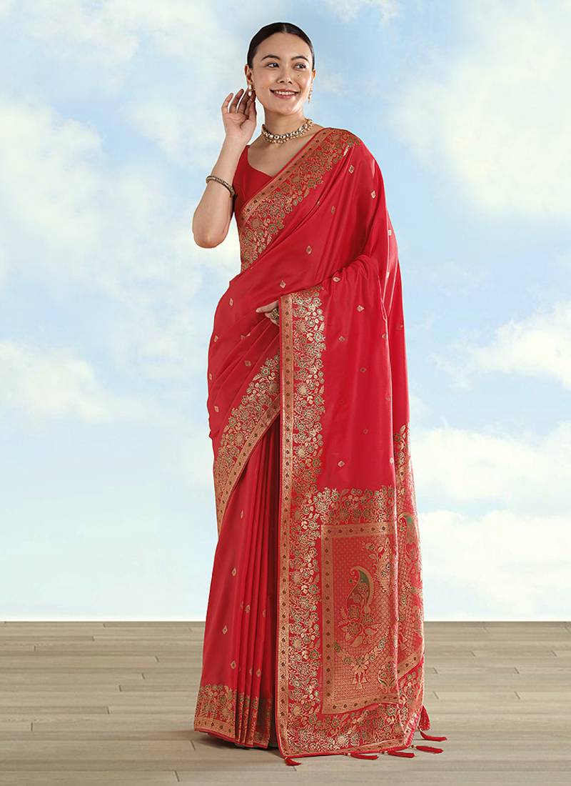 Red faux banarasi satin silk saree with zari border and butti work