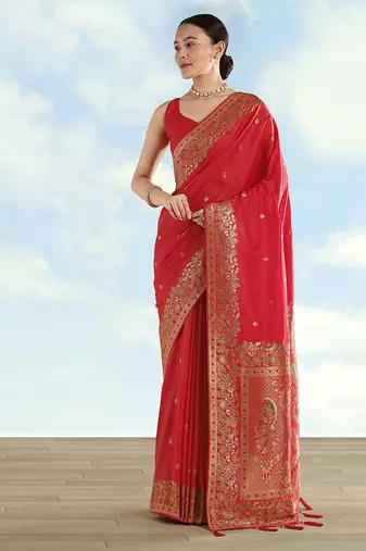 Red faux banarasi satin silk blend saree with zari border and butti work