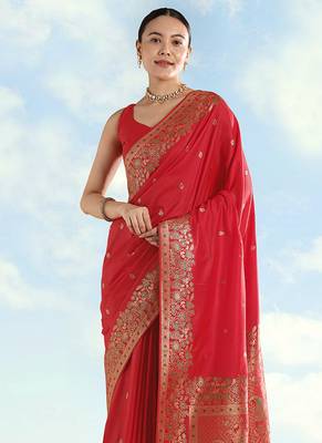 Red faux banarasi satin silk blend saree with zari border and butti work 3
