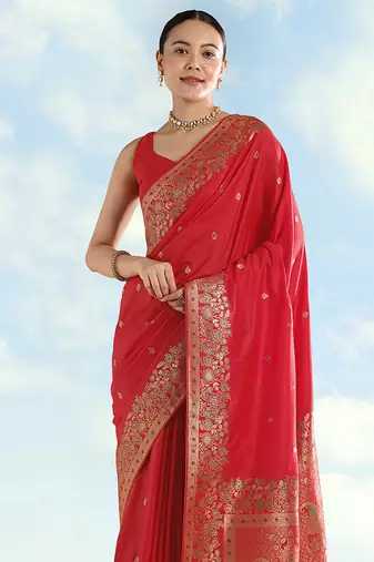 Red faux banarasi satin silk blend saree with zari border and butti work