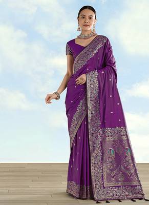 Purple faux banarasi satin silk blend saree with zari border and butti work 1