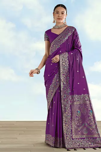 Purple faux banarasi satin silk saree with zari border and butti work