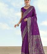 Purple faux banarasi satin silk saree with zari border and butti work