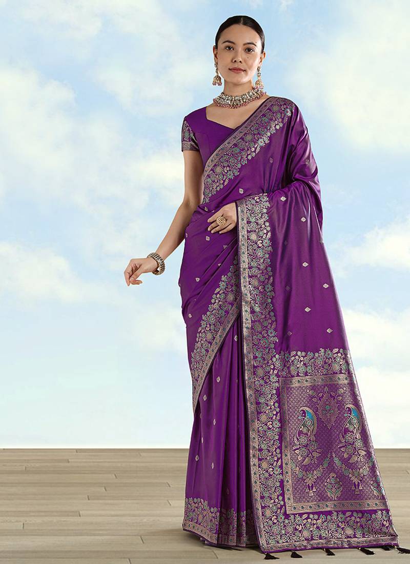 Purple faux banarasi satin silk saree with zari border and butti work