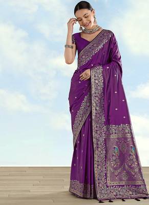 Purple faux banarasi satin silk blend saree with zari border and butti work 2