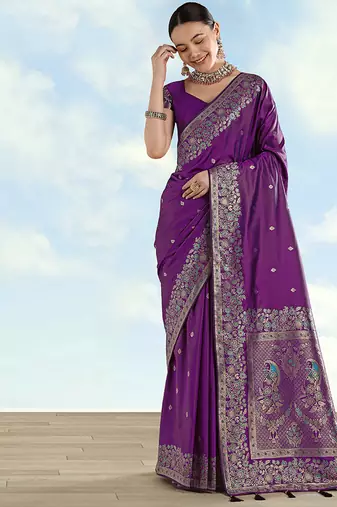 Purple faux banarasi satin silk blend saree with zari border and butti work