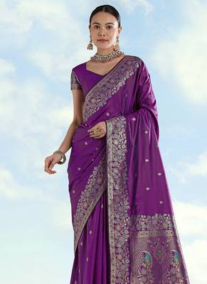Purple faux banarasi satin silk blend saree with zari border and butti work 3