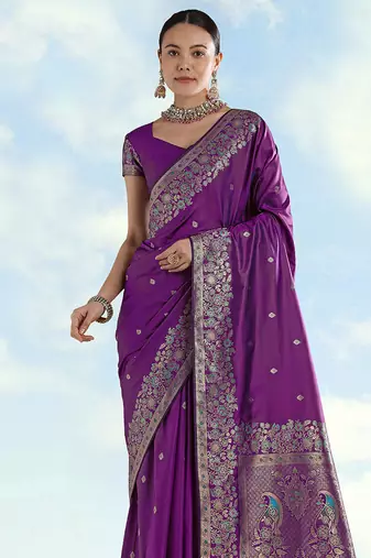 Purple faux banarasi satin silk blend saree with zari border and butti work