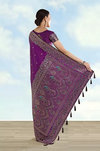 Purple faux banarasi satin silk blend saree with zari border and butti work