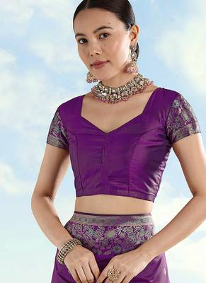 Purple faux banarasi satin silk blend saree with zari border and butti work 5