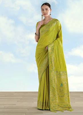 Pear faux banarasi satin silk blend saree with zari border and butti work 1