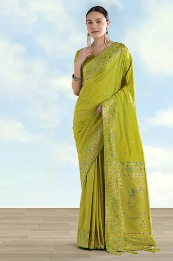 Pear faux banarasi satin silk saree with zari border and butti work