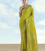 Pear faux banarasi satin silk saree with zari border and butti work