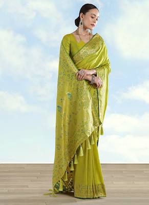 Pear faux banarasi satin silk blend saree with zari border and butti work 2