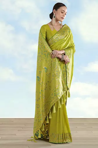 Pear faux banarasi satin silk blend saree with zari border and butti work