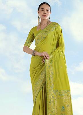 Pear faux banarasi satin silk blend saree with zari border and butti work 3