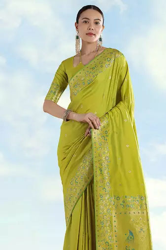 Pear faux banarasi satin silk blend saree with zari border and butti work