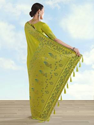 Pear faux banarasi satin silk blend saree with zari border and butti work 4