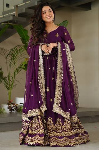 Gorgeous Purple Sequins Embroidered Georgette Gown With Dupatta