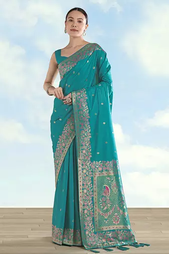 Turquoise faux banarasi satin silk saree with zari border and butti work