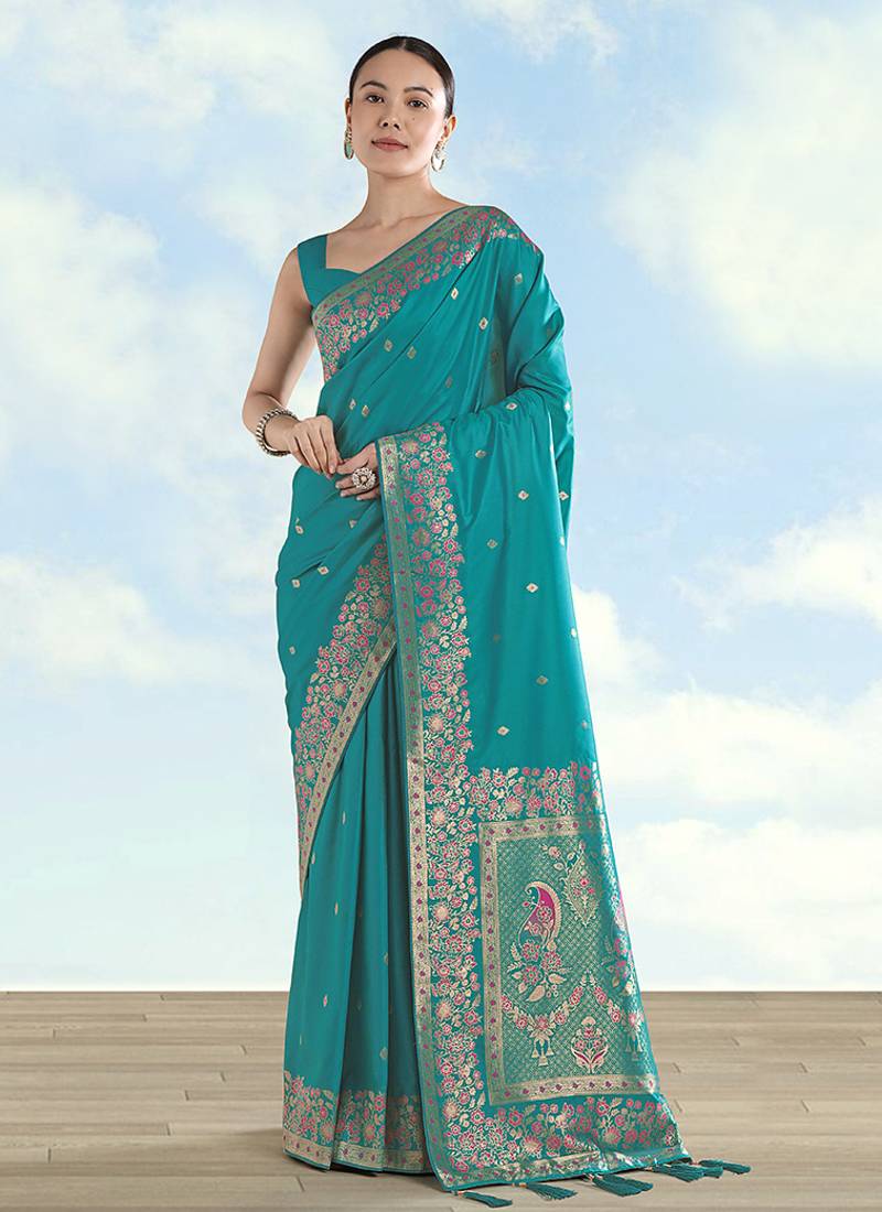 Turquoise faux banarasi satin silk saree with zari border and butti work