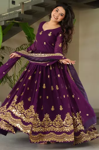 Gorgeous Purple Sequins Embroidered Georgette Gown With Dupatta