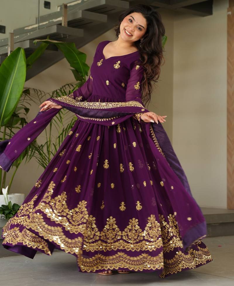 Gorgeous Purple Sequins Embroidered Georgette Gown With Dupatta