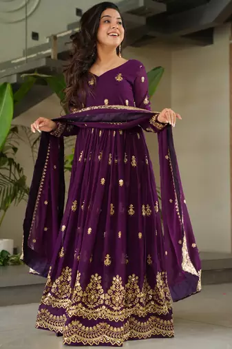 Gorgeous Purple Sequins Embroidered Georgette Gown With Dupatta