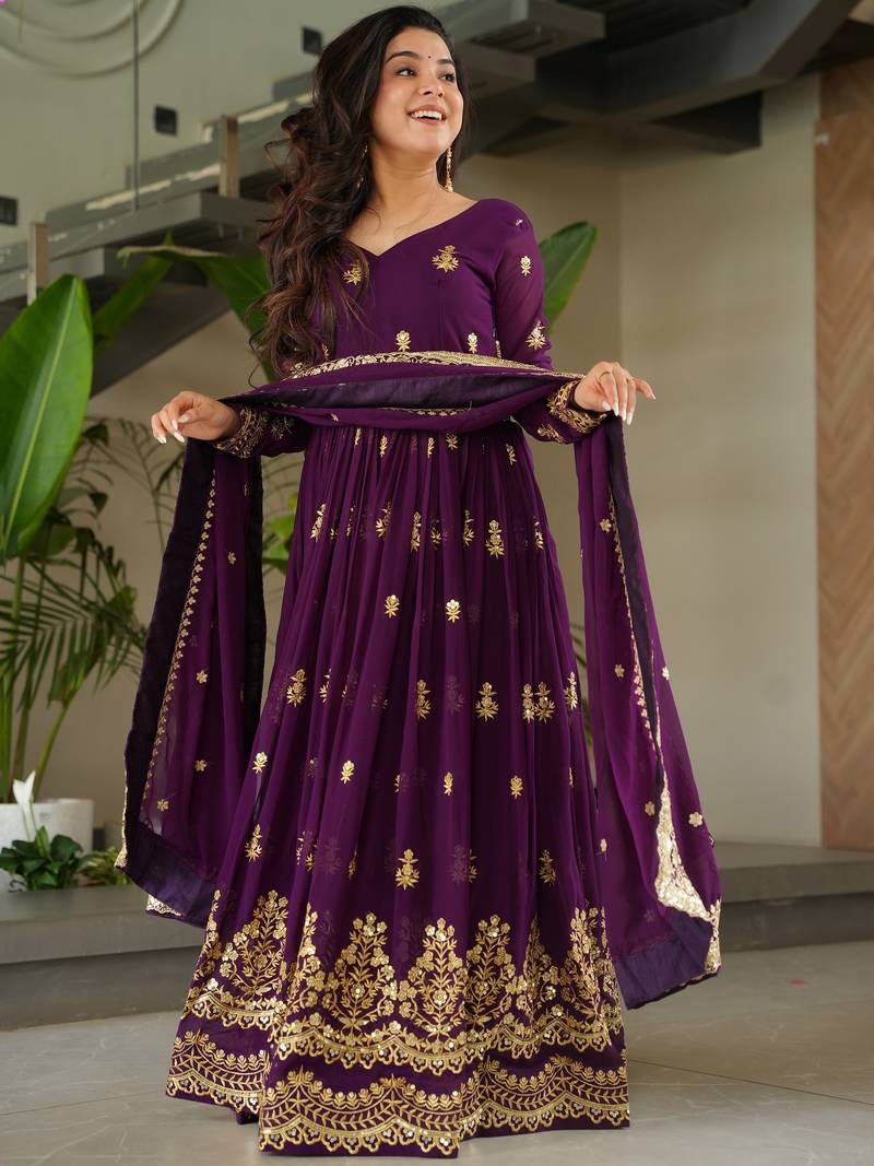 Gorgeous Purple Sequins Embroidered Georgette Gown With Dupatta