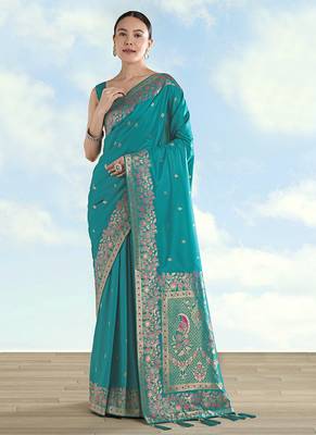 Turquoise faux banarasi satin silk blend saree with zari border and butti work 2