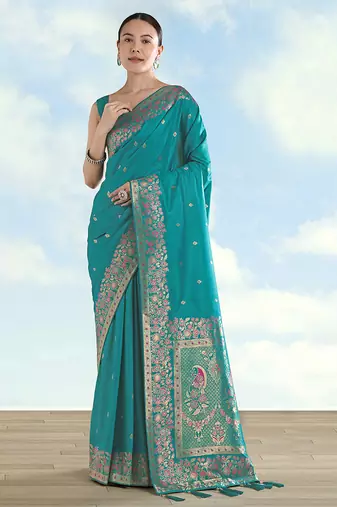 Turquoise faux banarasi satin silk blend saree with zari border and butti work