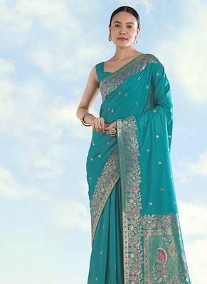Turquoise faux banarasi satin silk blend saree with zari border and butti work 3
