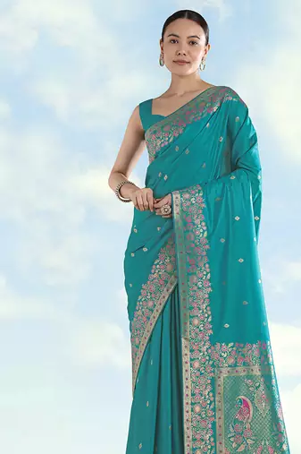 Turquoise faux banarasi satin silk blend saree with zari border and butti work