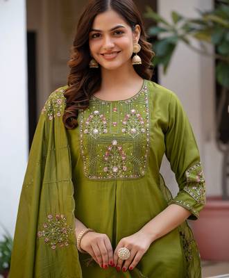 olive Color Embroidery Sequins with Hand Work Viscose Silk Kurta Pent Set 2