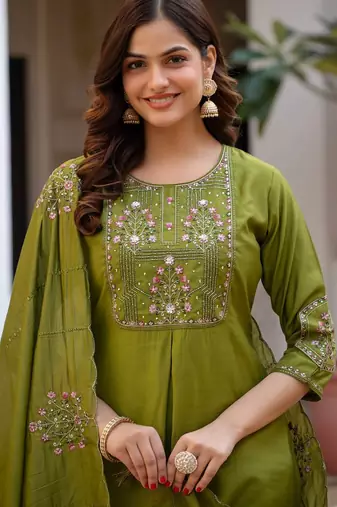 olive Color Embroidery Sequins with Hand Work Viscose Silk Kurta Pent Set