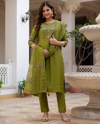 olive Color Embroidery Sequins with Hand Work Viscose Silk Kurta Pent Set 1