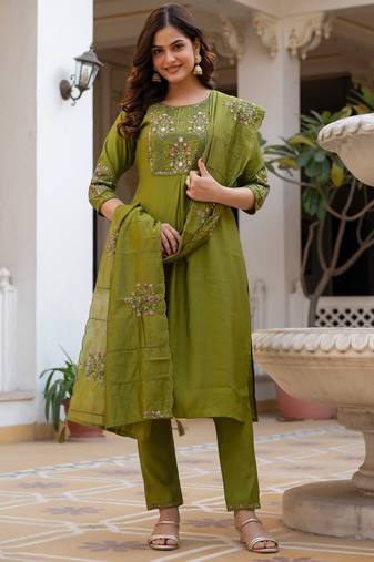 olive Color Embroidery Sequins with Hand Work Viscose Silk Kurta pant Set
