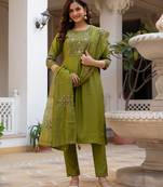 olive Color Embroidery Sequins with Hand Work Viscose Silk Kurta pant Set