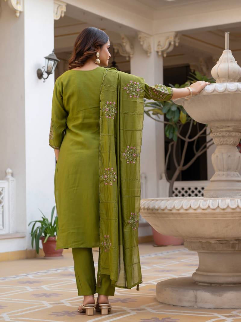 olive Color Embroidery Sequins with Hand Work Viscose Silk Kurta pant Set